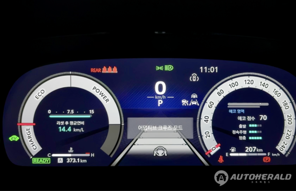 크라운 듀얼 부스트 하이브리드의 디지털 클러스터. 평균 연비와 에코 점수, 주행 모드 등 다양한 정보를 직관적으로 보여주는 가독성과 기능성을 모두 갖췄다.(김흥식 기자]